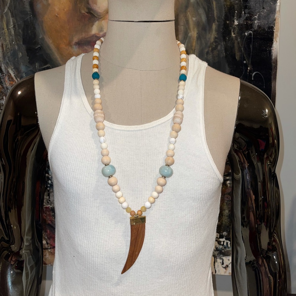 Rustic wood beaded necklace with wood horn pendant